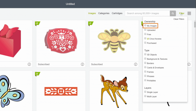 In Cricut Design Space, the filtering option for the cartridges is selected.