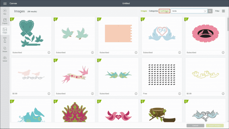 In Cricut Design Space, "Cartridges" is selected in the top right corner.