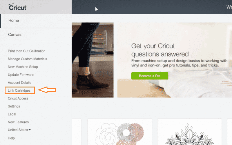 In Cricut Design Space, the selection for "Link Cartridges" is highlighted.