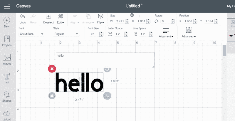 A screenshot from Cricut Design Space with a text box that says, "hello"