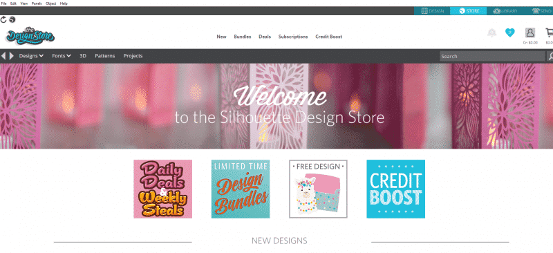 Silhouette Design Store welcome page, featuring new designs