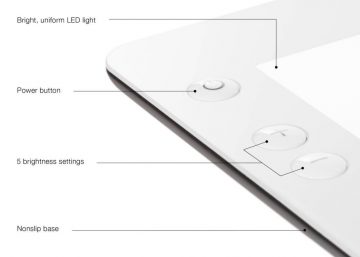 There are 3 buttons on the BrightPad: one for power and two for brightness control.