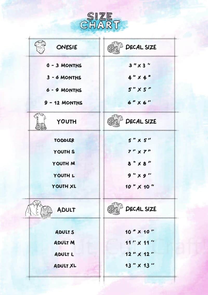 A decal size for shirts chart