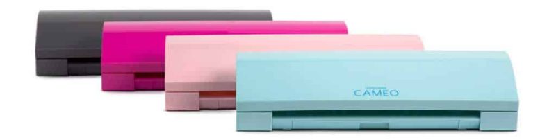 Four different colors of the Silhouette Cameo 3: slate gray, electric pink, blush pink, and aqua blue.